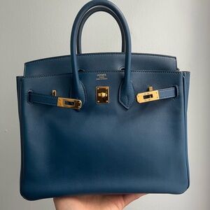 Hermes Deep Blue Satchel with Gold Accents